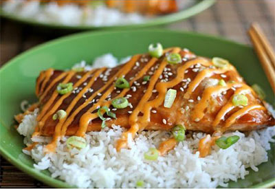 Teriyaki Salmon with Sriracha Cream Sauce